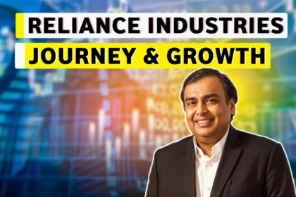 This image contain Mukesh Ambani and a text Reliance Industries Journey and Growth